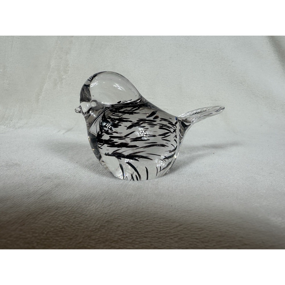 Hand Blown Glass Bird Paperweight Figurine Black White Swirl Flecks Chubby Chick